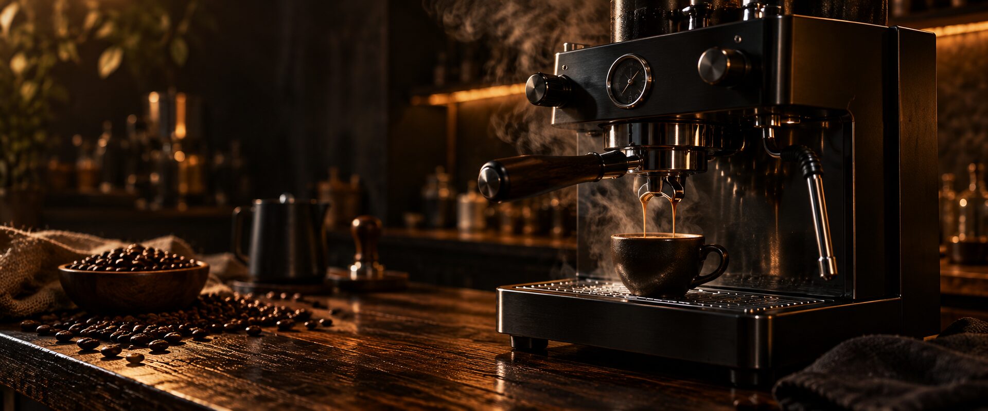 Macchina espresso in acciaio nero che estrae un doppio espresso su un bancone di legno scuro, luce calda ambrata